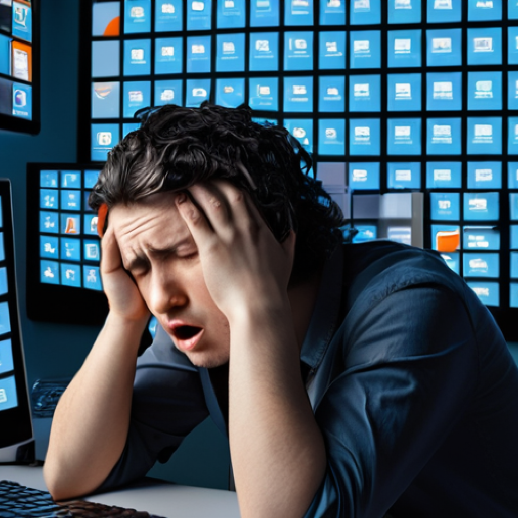 **Image Prompt 1 (Problem):** A person (gender-neutral, diverse) appears visibly exhausted and overwhelmed, surrounded by an endless cascade of glowing digital screens, pop-up notifications, and virtual meeting windows that blur the lines between work and personal life. Their expression conveys stress, fatigue, and a sense of being trapped by constant digital demands, embodying tech fatigue and burnout. Dynamic, slightly chaotic composition with a somber color palette.