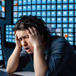 **Image Prompt 1 (Problem):** A person (gender-neutral, diverse) appears visibly exhausted and overwhelmed, surrounded by an endless cascade of glowing digital screens, pop-up notifications, and virtual meeting windows that blur the lines between work and personal life. Their expression conveys stress, fatigue, and a sense of being trapped by constant digital demands, embodying tech fatigue and burnout. Dynamic, slightly chaotic composition with a somber color palette.