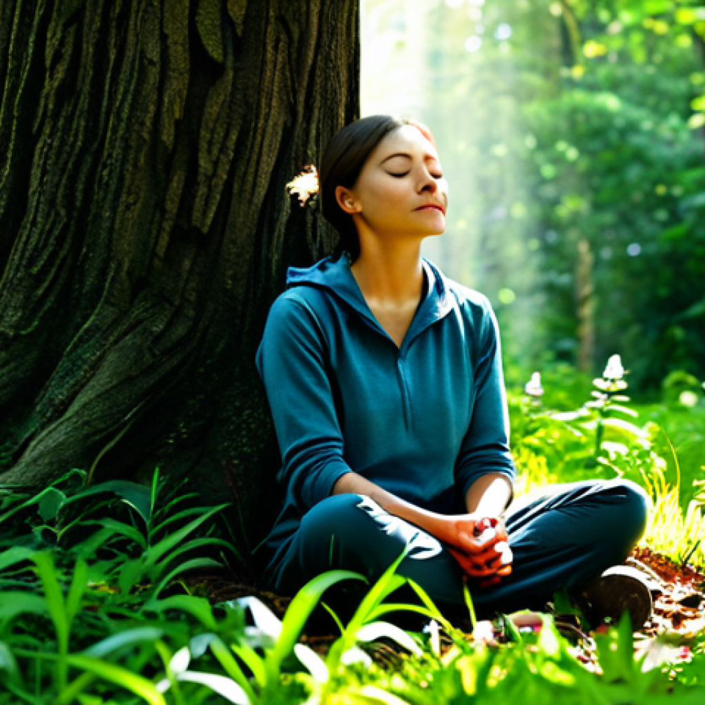 Digital Detox in Nature**
"A serene woman sitting under a tree in a lush forest, fully clothed in modest hiking attire, eyes closed in peaceful meditation, sunlight dappling through the leaves, safe for work, appropriate content, perfect anatomy, natural proportions, family-friendly, professional photography."
**