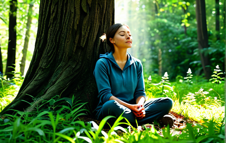 Digital Detox in Nature**
"A serene woman sitting under a tree in a lush forest, fully clothed in modest hiking attire, eyes closed in peaceful meditation, sunlight dappling through the leaves, safe for work, appropriate content, perfect anatomy, natural proportions, family-friendly, professional photography."
**