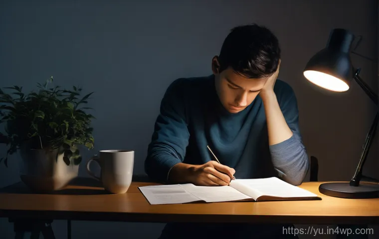 기술 피로로 인한 만성 피로 증후군 예방하기 - **Persistent Exhaustion & Mental Fog:** A young adult, looking profoundly weary, sits slouched at a ...