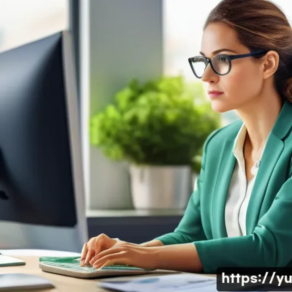 기술 피로를 위한 필수 영양소 - A detailed illustration of a healthy professional woman sitting at a modern office desk, working int...