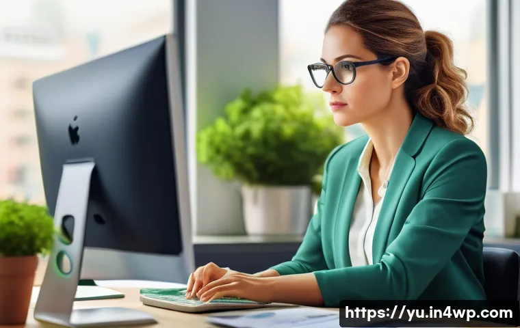 기술 피로를 위한 필수 영양소 - A detailed illustration of a healthy professional woman sitting at a modern office desk, working int...