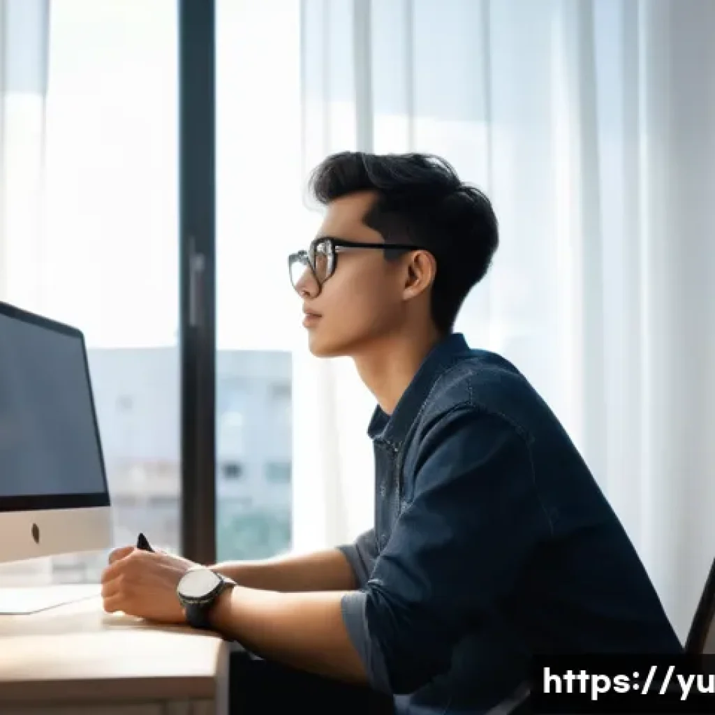 기술 피로 해소를 위한 온라인 강의 추천 - A serene indoor workspace featuring a person practicing the 20-20-20 rule: a young adult sitting at ...