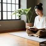 Home 20 기술 피로 극복을 위한 창의성 촉진 - A peaceful indoor scene showing a person practicing digital detox: a cozy room with soft natural lig...