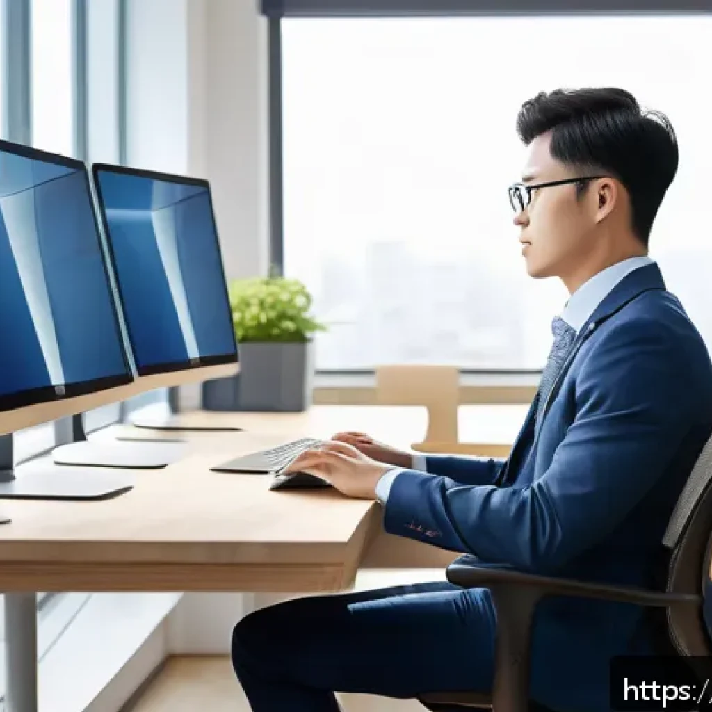 기술 피로 대응을 위한 자원 및 지원 - A modern ergonomic office workspace bathed in natural sunlight, featuring an adjustable monitor and ...