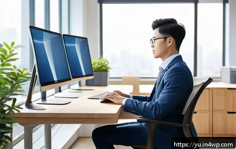 기술 피로 대응을 위한 자원 및 지원 - A modern ergonomic office workspace bathed in natural sunlight, featuring an adjustable monitor and ...