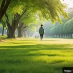Home 18 기술 피로 극복을 위한 개인 목표 설정 - A serene outdoor scene showing a person taking a peaceful 15-minute walk in a lush green park during...