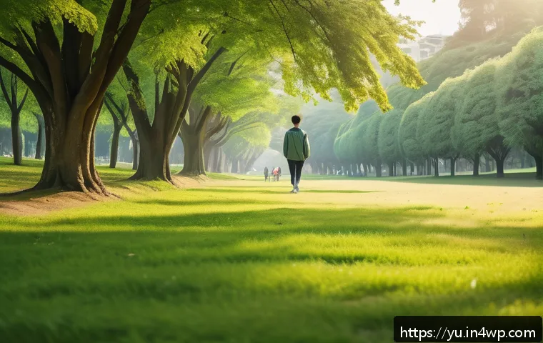 기술 피로 극복을 위한 개인 목표 설정 - A serene outdoor scene showing a person taking a peaceful 15-minute walk in a lush green park during...
