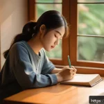 Home 23 기술 피로 해소를 위한 감정 관리 - A serene indoor scene of a young woman sitting comfortably at a wooden desk by a window, writing tho...