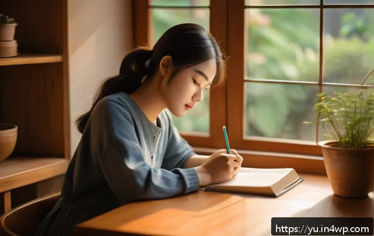 기술 피로 해소를 위한 감정 관리 - A serene indoor scene of a young woman sitting comfortably at a wooden desk by a window, writing tho...