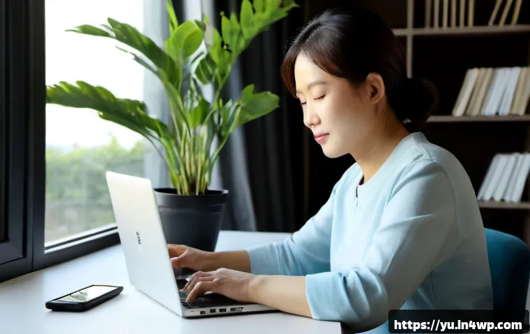 Home 17 기술 피로 관리의 중요성 - Photorealistic home office scene showing technology fatigue management: a calm middle-aged woman in ...