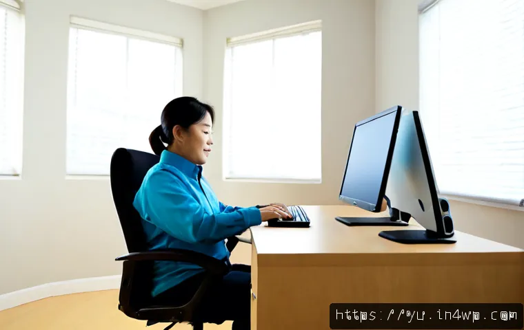 Home 17 기술 피로 감소를 위한 운동 루틴 - Photorealistic home office wellness scene, a relaxed middle-aged adult performing a gentle seated ne...
